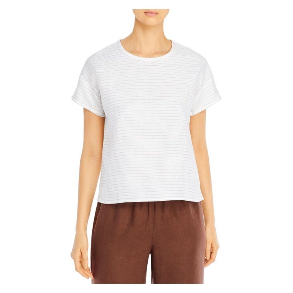 EILEEN FISHER Womens White Pinstripe Short Sleeve Crew Neck Top XL